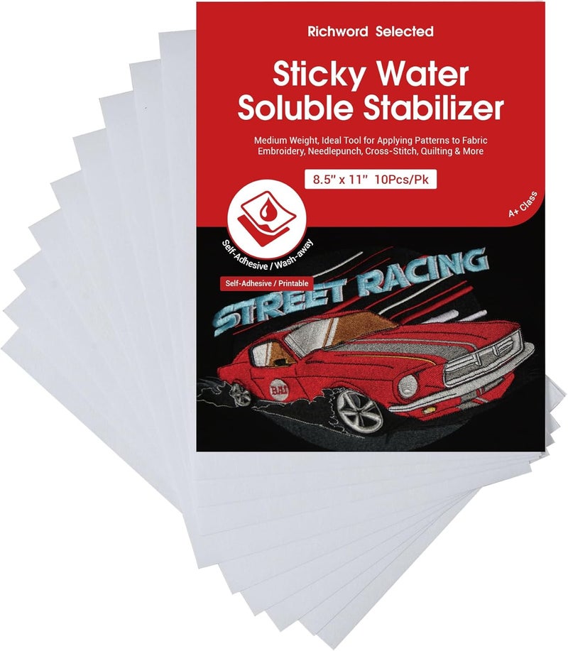 Poolin Richword Printable 10PCS Sticky Water-Soluble Embroidery Stabilizer Sheets 8.5" x 11" Wash Away Embroidery Paper for Hand Embroidery, Topper for Home Machine Embroidery - Image 1